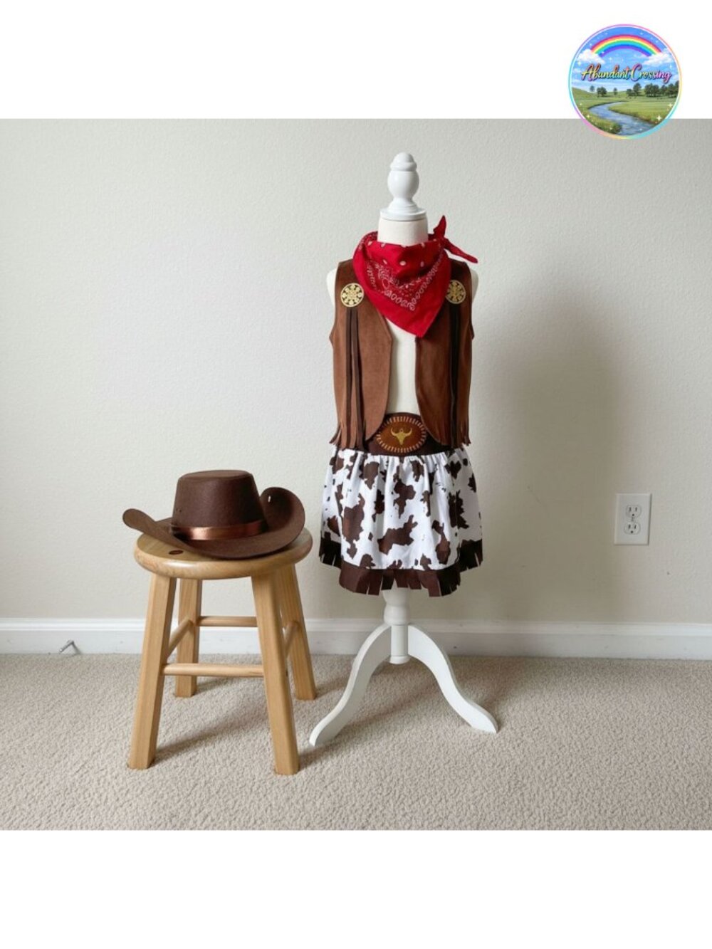 Girls Western Cowgirl Costume 4-Piece Vest Hat Bandana Skirt Dress Up Set